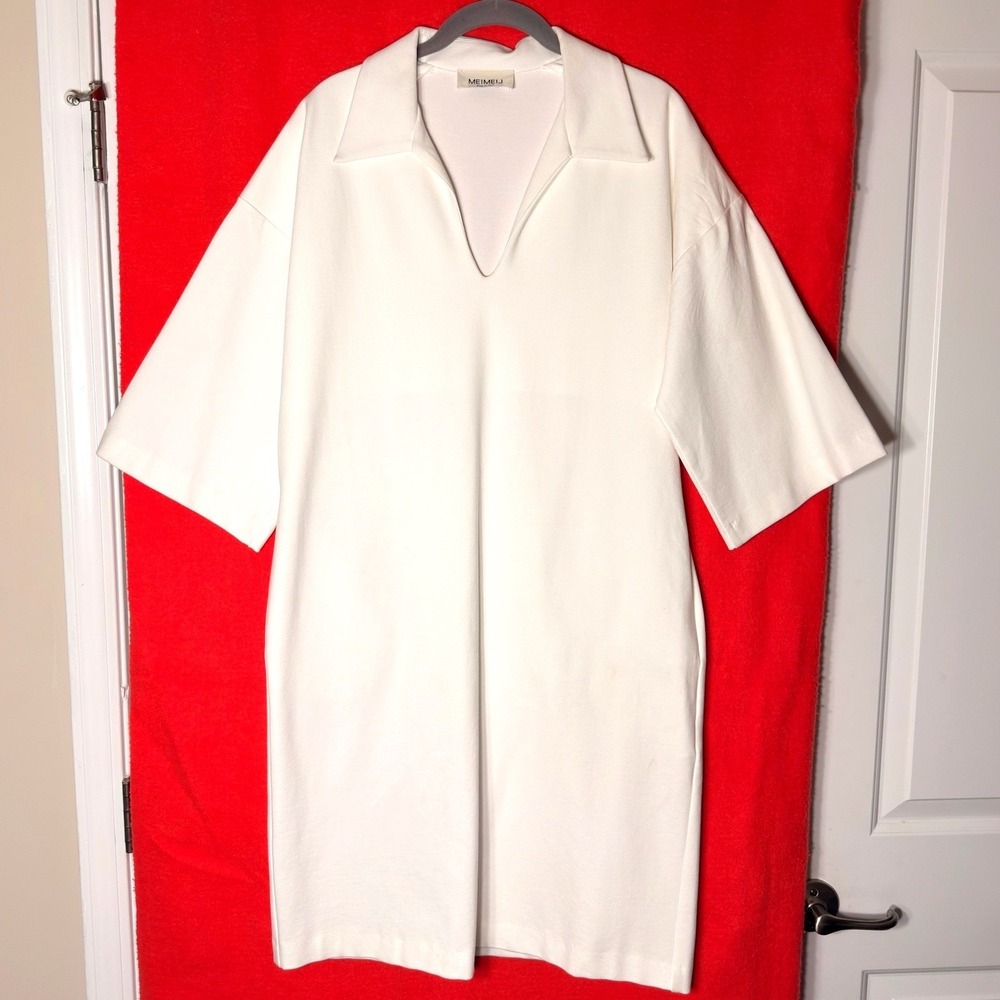 MEIMEIJ White Shift Dress V-Neck Polo Collar Made in Italy Size L Pockets